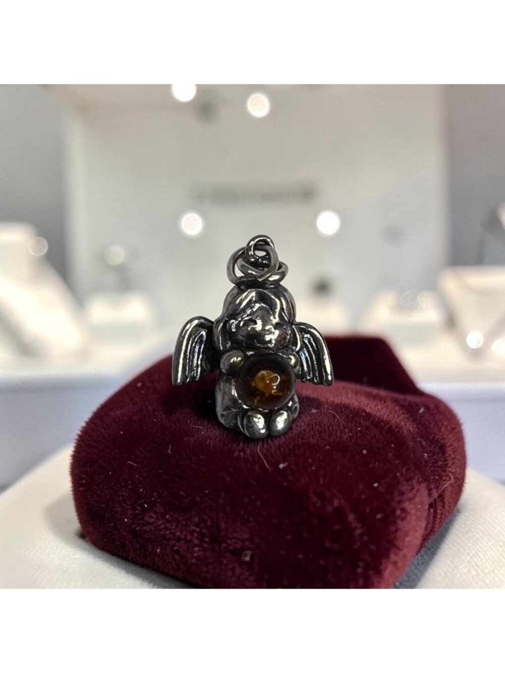 Sterling Silver 925 Small Angel Pendant With Cognac Baltic Amber Stone